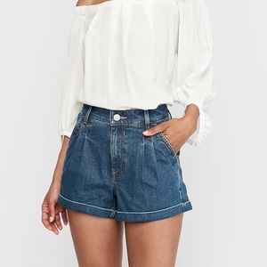 Express High Waisted Pleated Rolled Hem Denim Shorts
